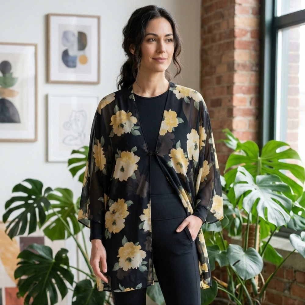 Floral Black and Yellow Kimono